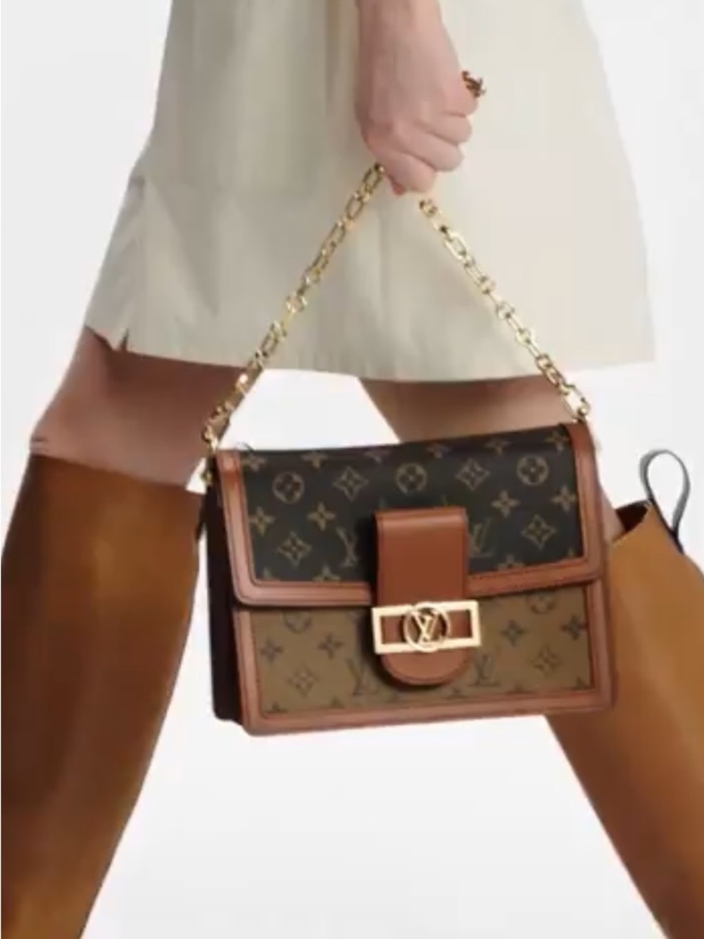 Louis Vuitton Dauphine Monogram Reverse Canvas Shoulder Bag MM with Gold Chain